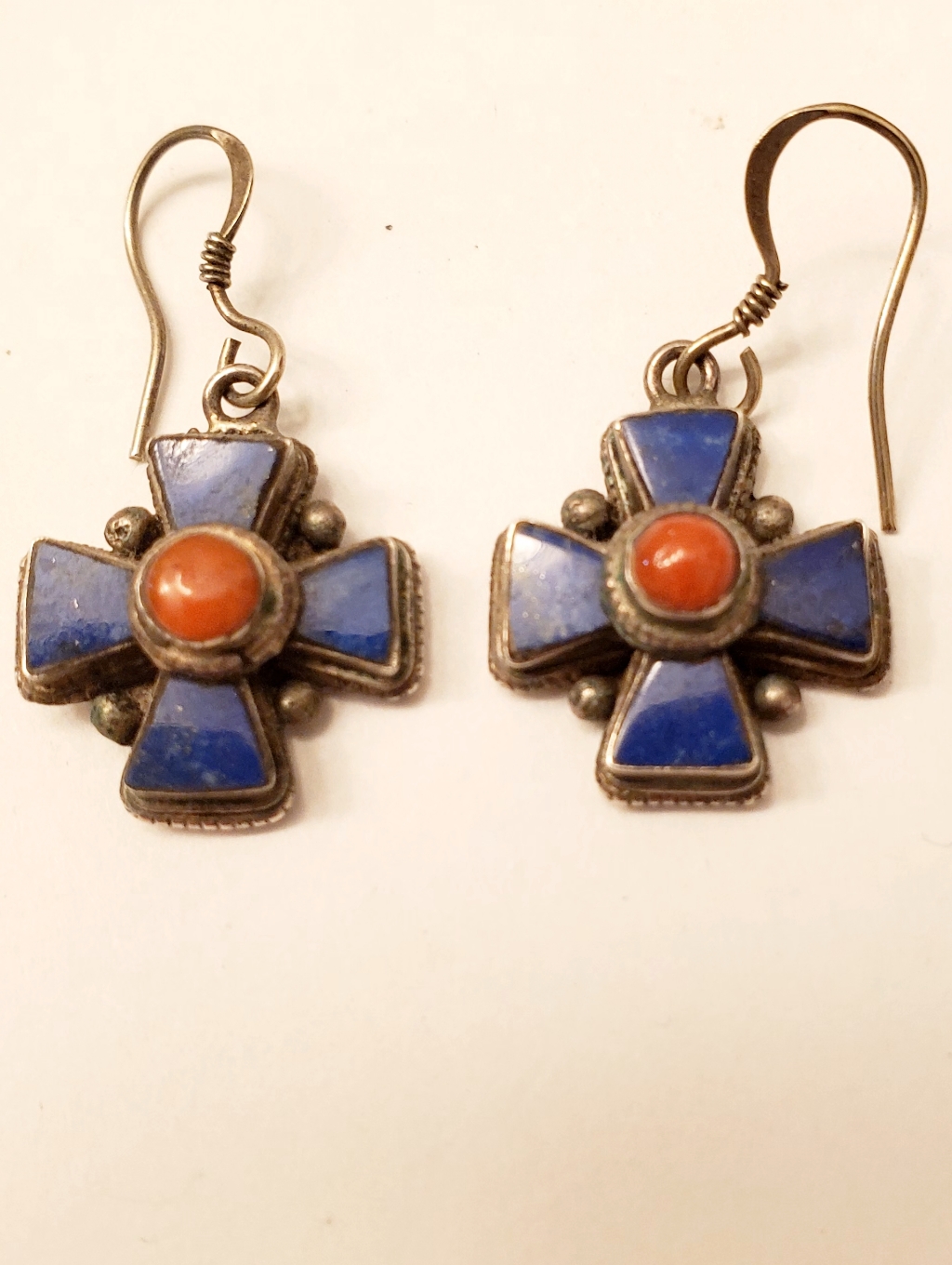 Lapis & Coral Cross Earrings, Silver Colored Setting, Unmarked